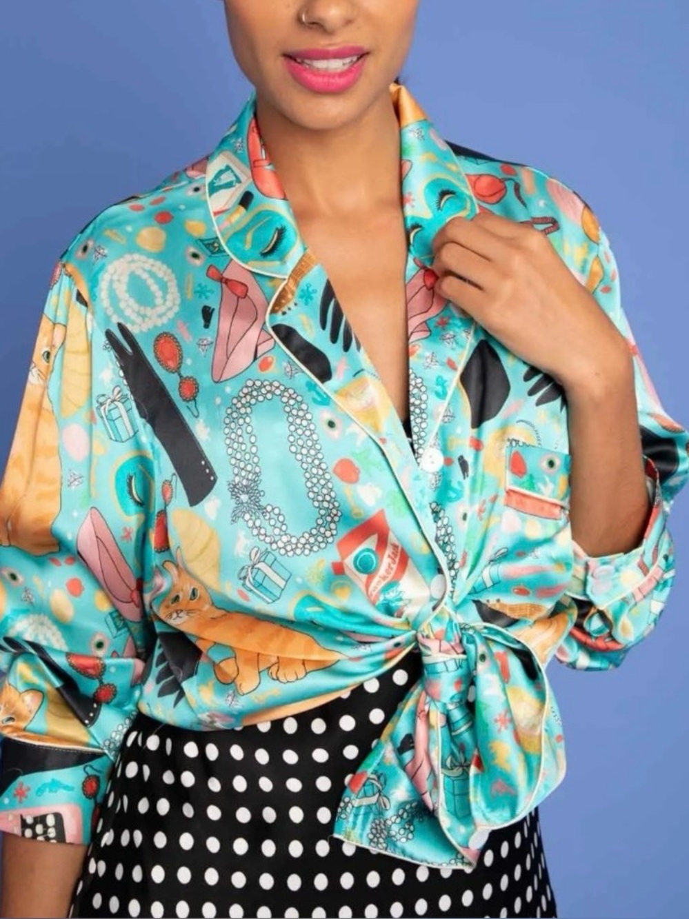 Karen Mabon Breakfast at Tiffany's Pajama Shirt XL Whimsical Print Turquoise Mix
